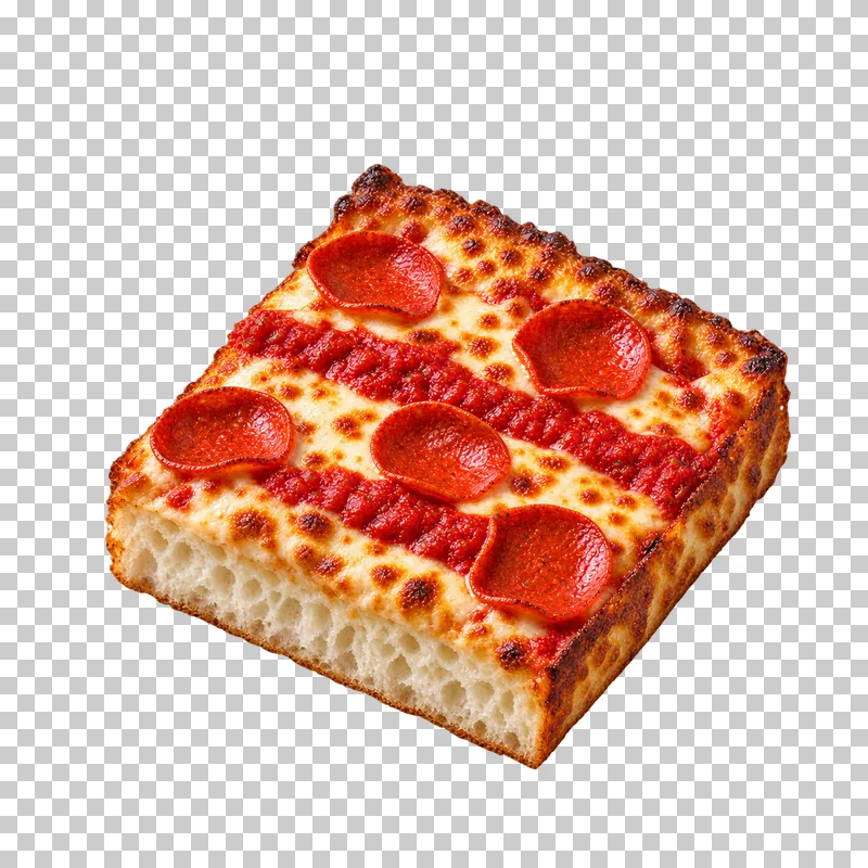 Thick square Detroit-style corner pizza slice with pepperoni, melted cheese, two tomato-sauce stripes and an airy cut edge.