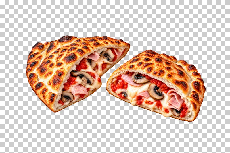 Two cut calzone halves with golden bread shells and visible ham, mushroom, tomato and mozzarella filling.