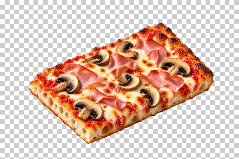 Rectangular Roman-style pizza portion topped with cooked ham, sliced mushrooms and mozzarella, showing its airy cut edge.