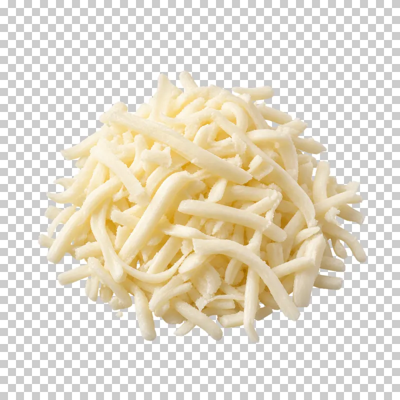 Compact loose portion of pale shredded low-moisture mozzarella with varied strand lengths and fine natural edges.