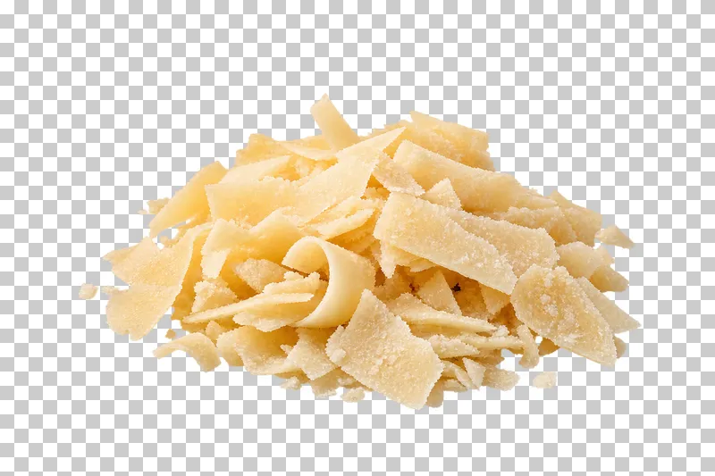 Loose portion of thin irregular Parmesan flakes and curled hard-cheese shavings, without a cheese wedge.