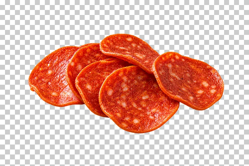 Short overlapping fan of thin pepperoni rounds with visible fat flecks and gently curled edges.