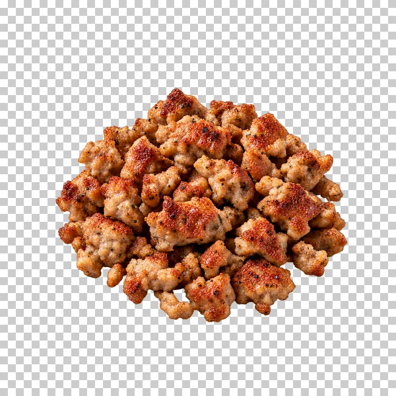 Compact portion of irregular browned Italian sausage crumbles with textured cooked surfaces.
