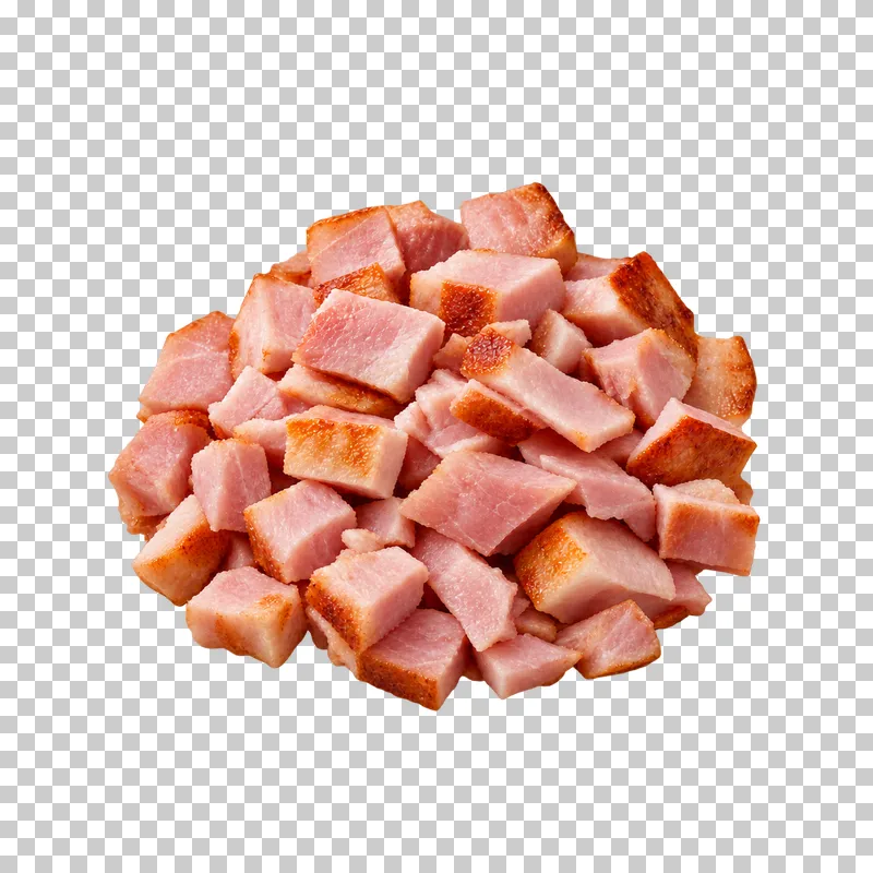 Small uneven cubes and short pieces of pink cooked ham with a few lightly browned edges.