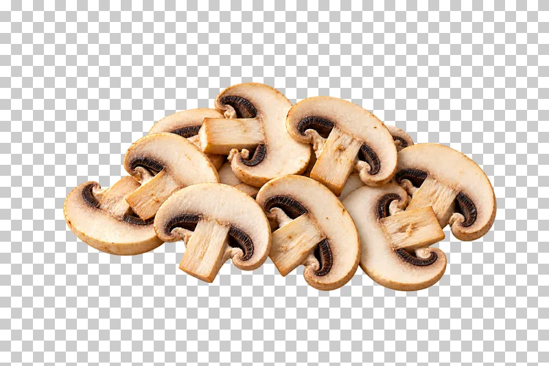 Overlapping fresh button-mushroom slices with pale caps, cut stems and dark brown gills.