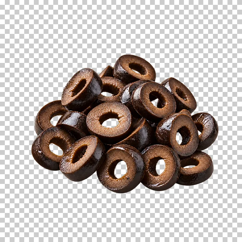 Compact group of sliced black olive rings with natural moist highlights and transparent openings.