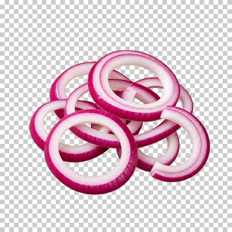 Thin overlapping red onion rings and half-rings with purple outer rims, pale layered flesh and transparent openings.