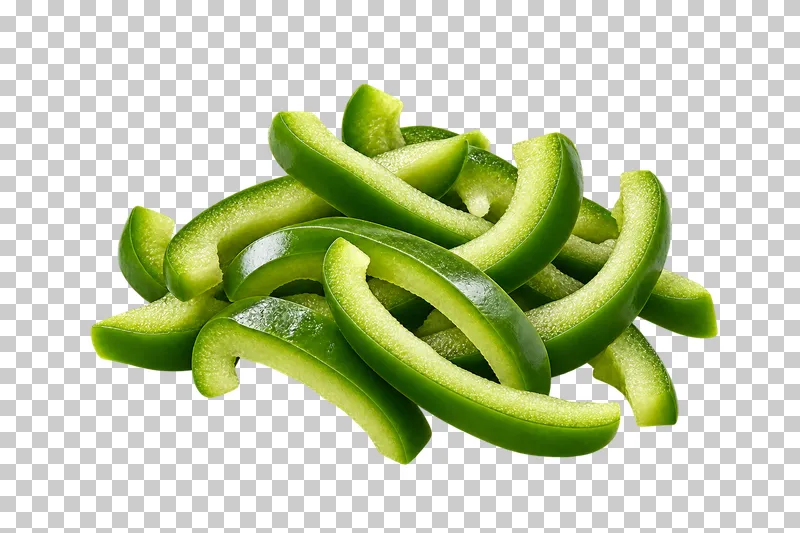 Curved fresh green bell pepper strips with crisp green skin and pale cut flesh, without seeds or a whole pepper.