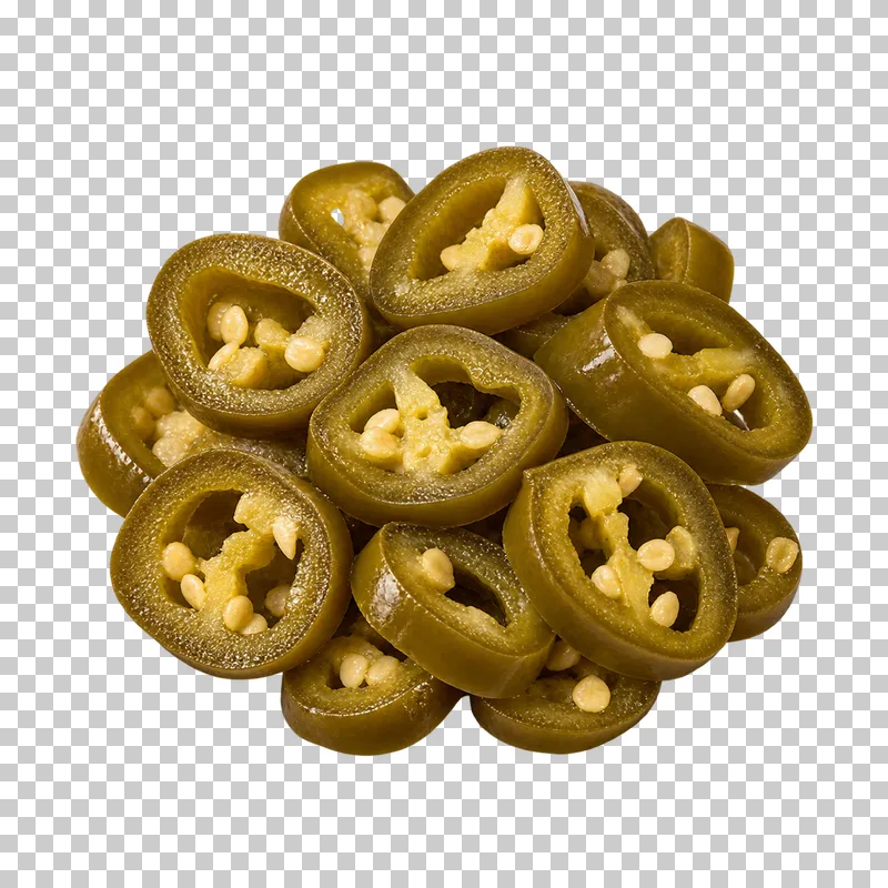 Compact portion of muted green pickled jalapeno rings with pale seeds and moist cut flesh.