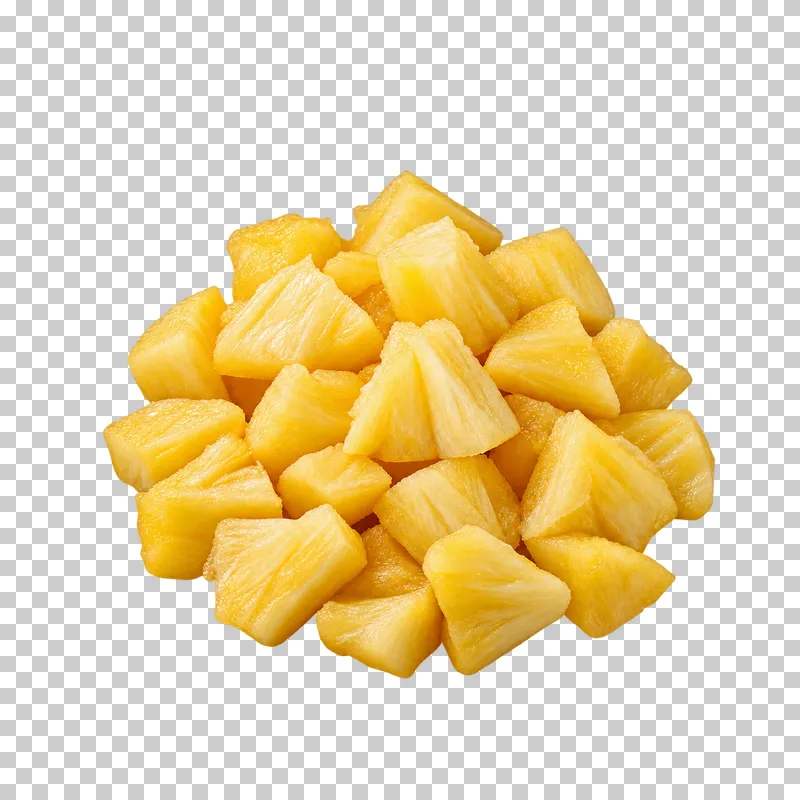 Compact portion of drained yellow pineapple chunks with irregular wedge shapes and visible fruit fibers.