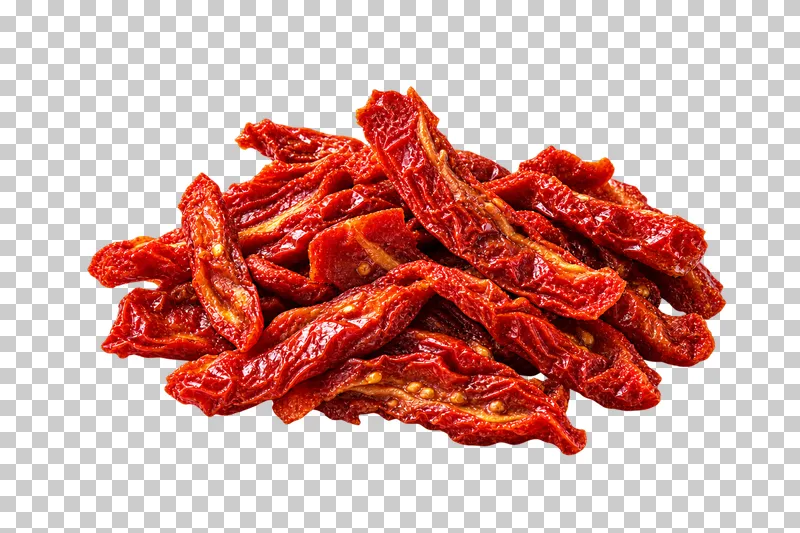 Wrinkled dark red sun-dried tomato strips in a low compact portion with a restrained oil sheen.