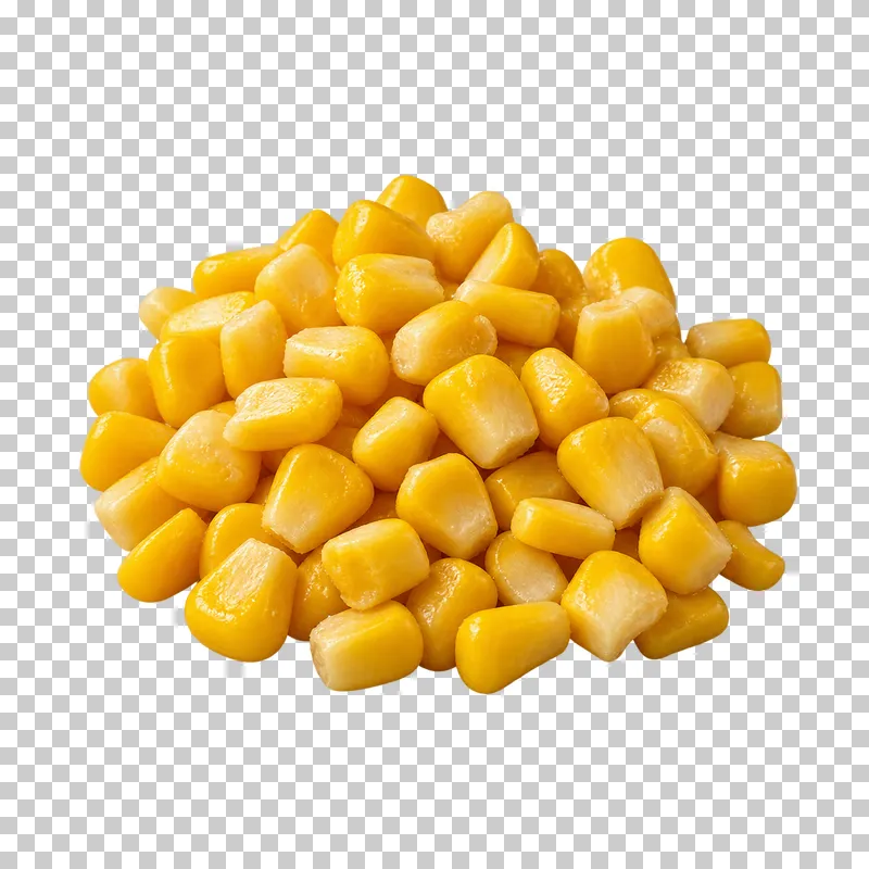 Low compact portion of plump cooked yellow sweetcorn kernels with naturally varied shapes.