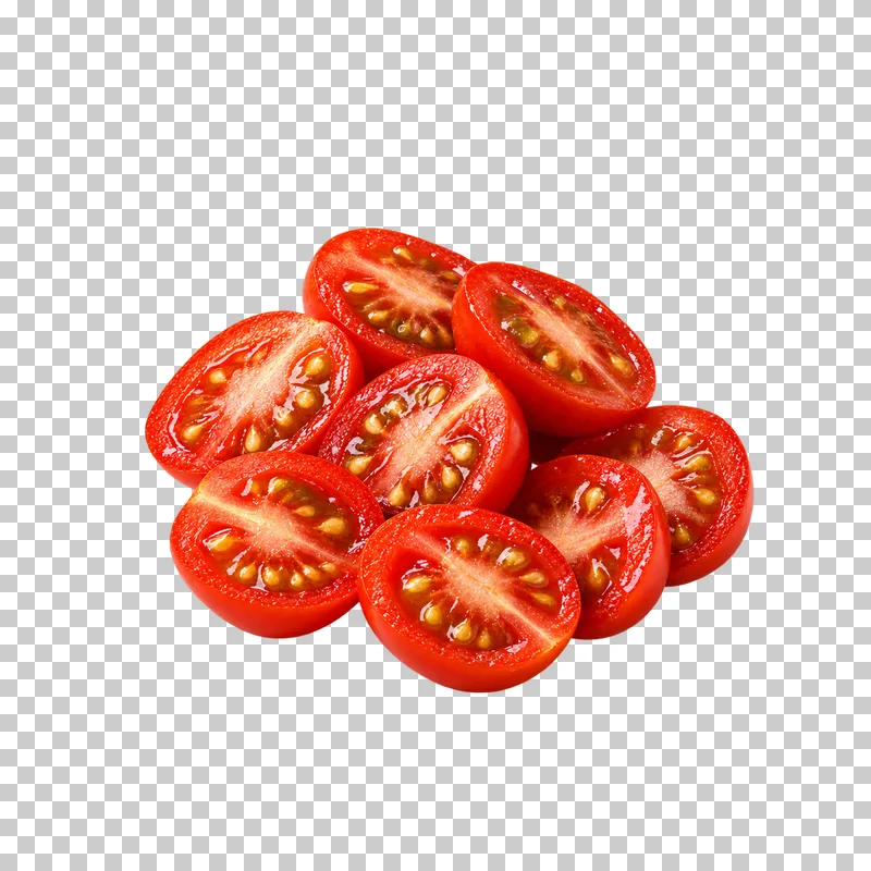 Compact group of red cherry-tomato halves showing seed cavities, moist cut flesh and smooth skins.
