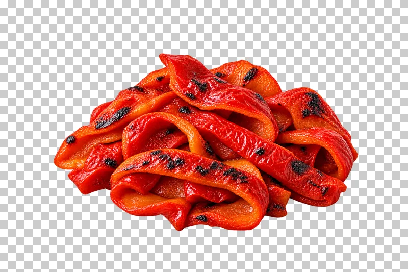 Soft roasted red pepper ribbons with wrinkled skin, folded edges and small char marks.