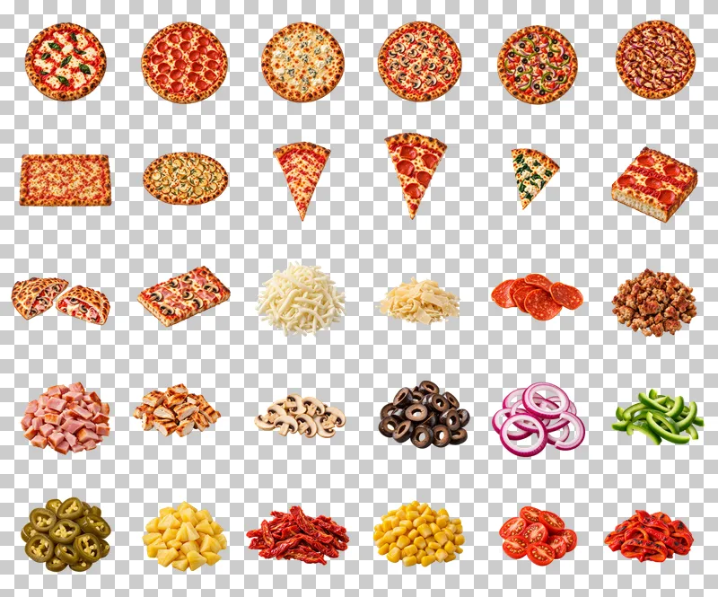 Pizza Menu, Slices and Toppings Photo PNG Collection: all 30 elements in one grid