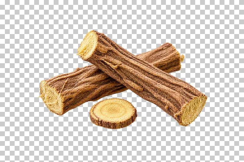 Three ridged licorice root sticks with yellow fibrous cut ends and one round slice.