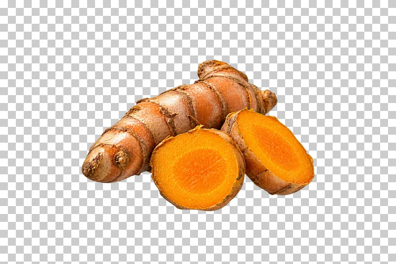A short turmeric rhizome beside two bright orange cross-sections.
