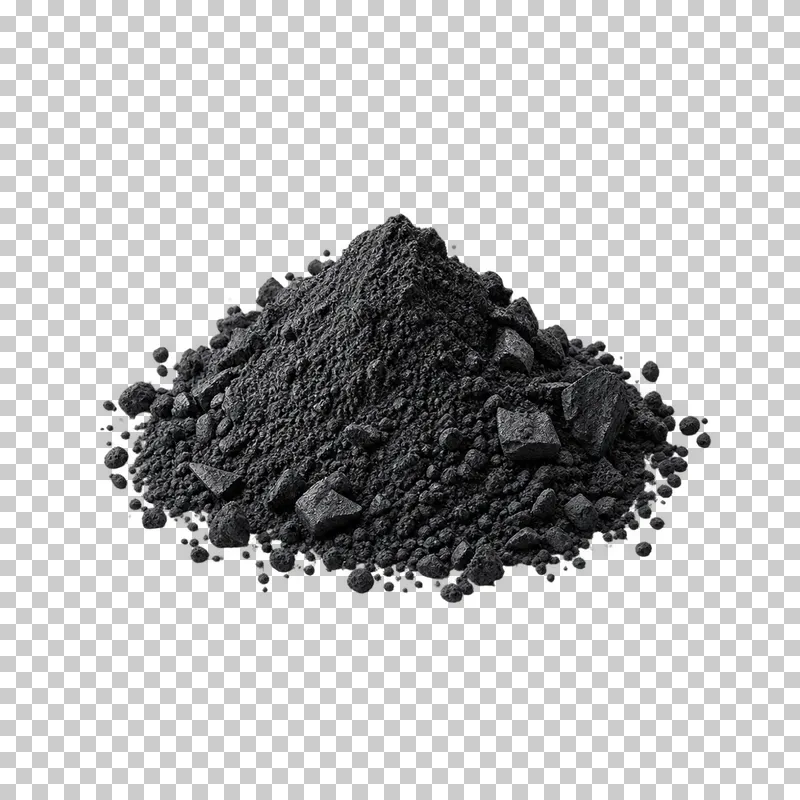 A matte black activated charcoal powder mound with small granules.