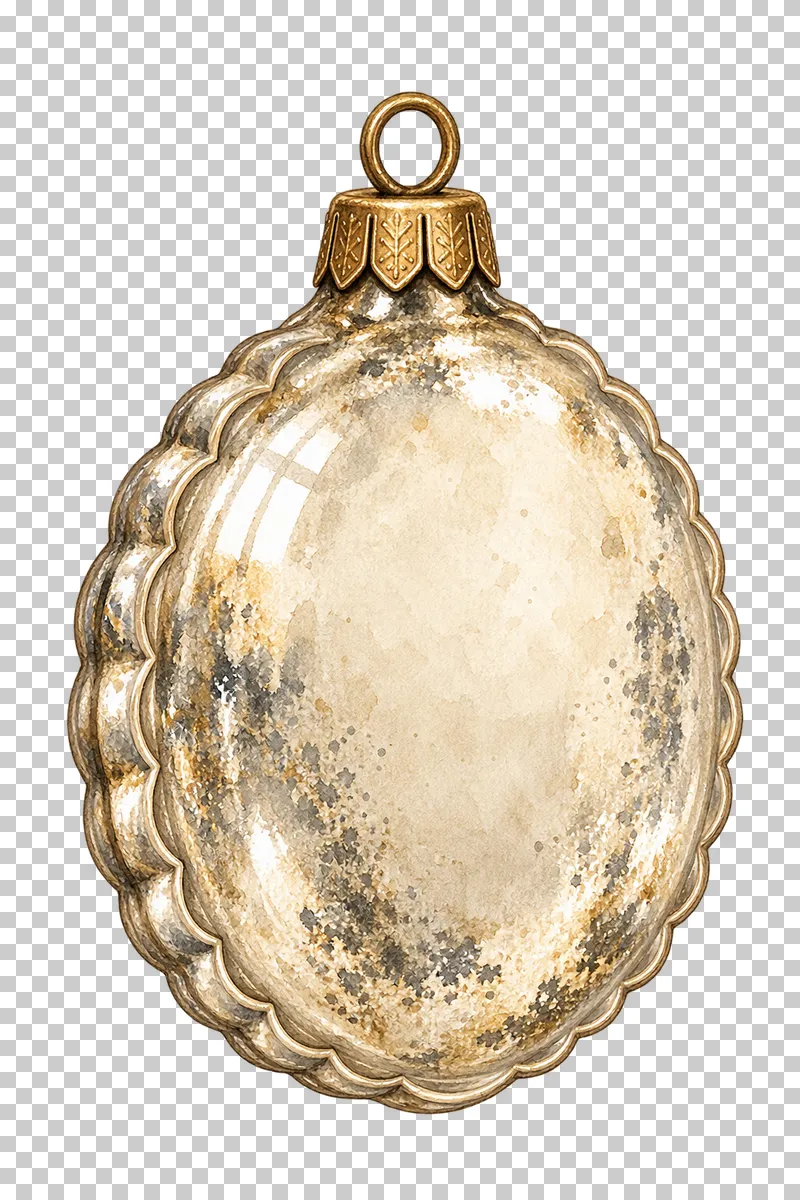 Watercolor flattened oval glass bauble in antique silvered Christmas glass