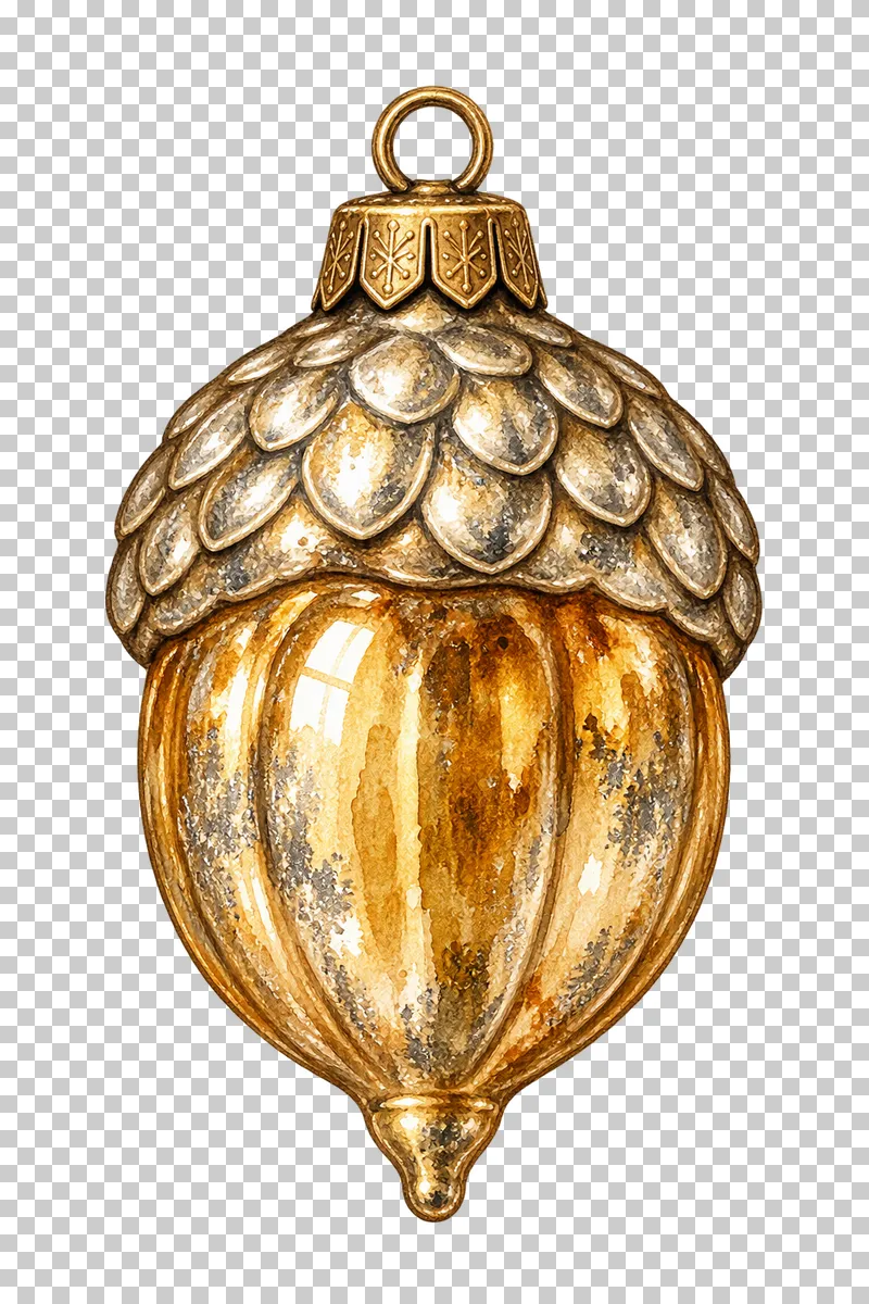 Watercolor gold glass acorn ornament in antique silvered Christmas glass