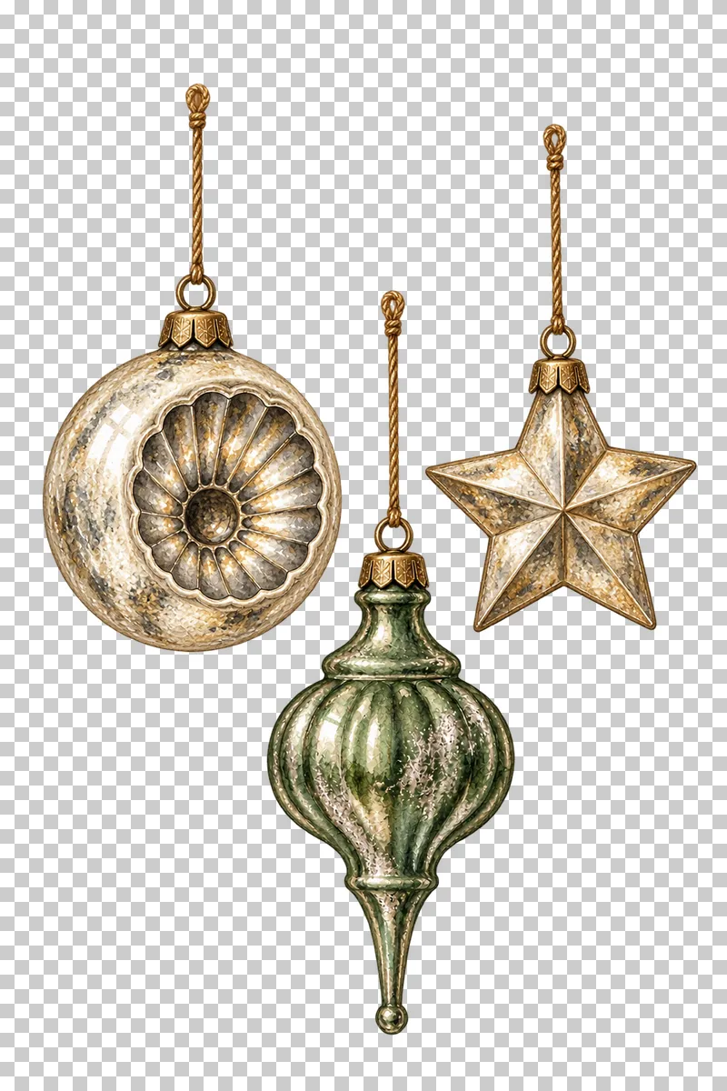 Watercolor staggered three-ornament hanging in antique silvered Christmas glass