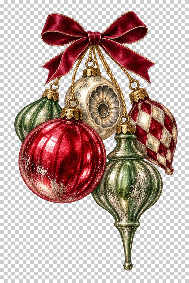 Watercolor five-ornament tied spray in antique silvered Christmas glass