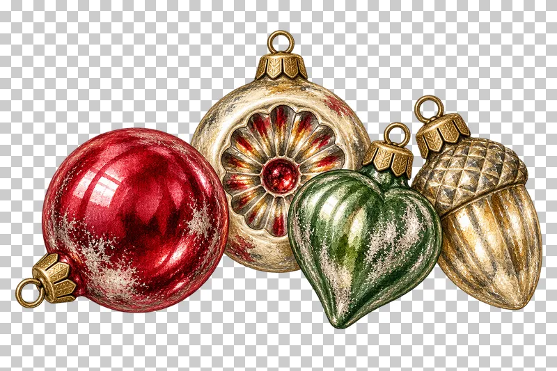 Watercolor low four-ornament still life in antique silvered Christmas glass