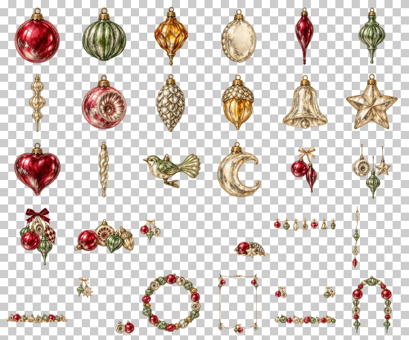 Vintage Glass Christmas Ornaments Watercolor PNG Collection: all 30 elements in one grid