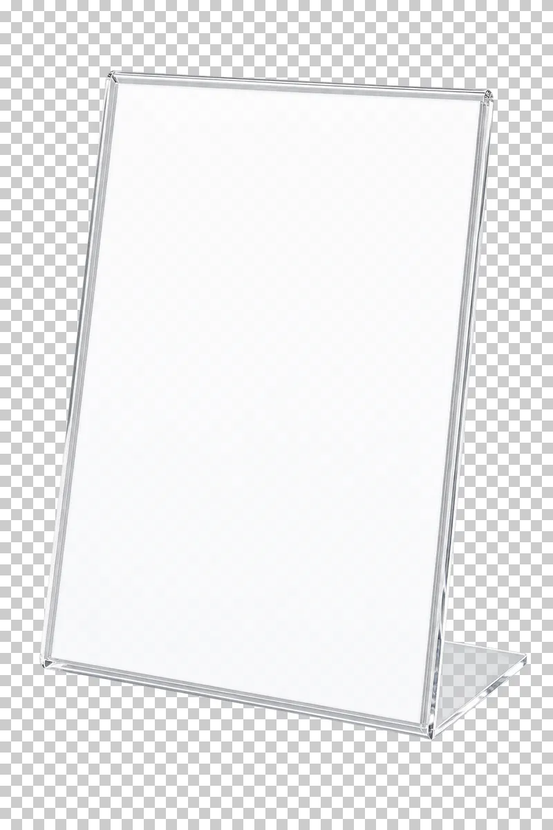 A slanted clear acrylic countertop sign holder with a blank white portrait insert and a flat L-shaped base.