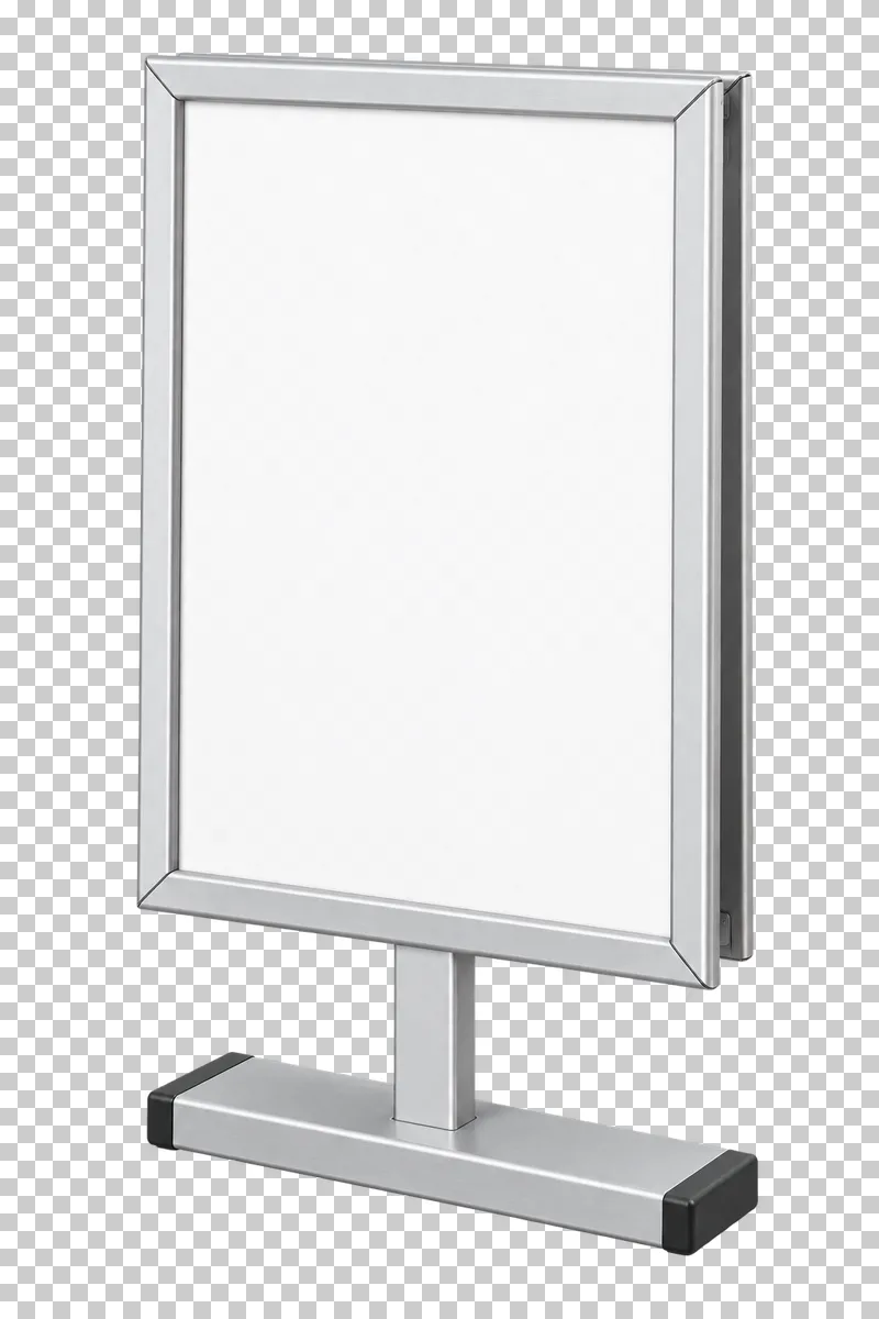 A silver double-sided tabletop sign frame with a blank white insert and transverse T-base.