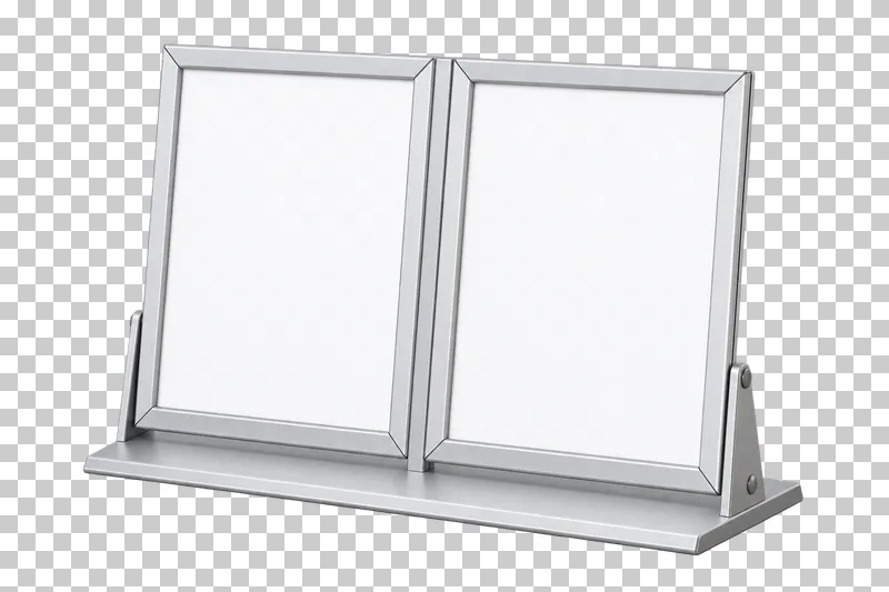 A silver tabletop menu stand with two adjacent blank white panels.