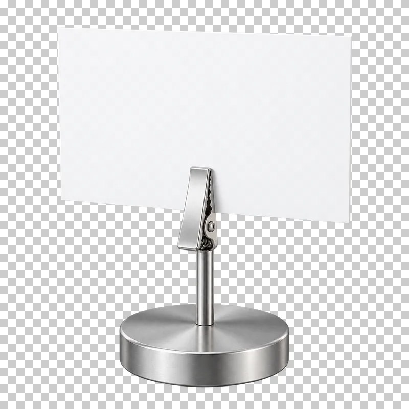 A metal clip card stand with a round weighted base and blank horizontal card.