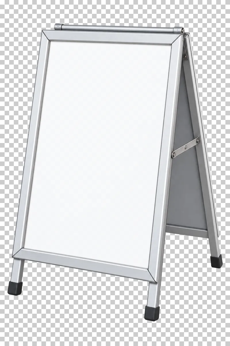 A satin aluminium A-frame poster sign with a blank white face, hinges, brace and rubber feet.