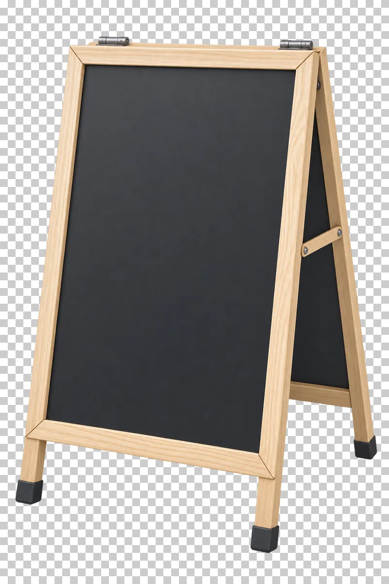 A natural timber A-frame sign with a blank dark chalkboard face.