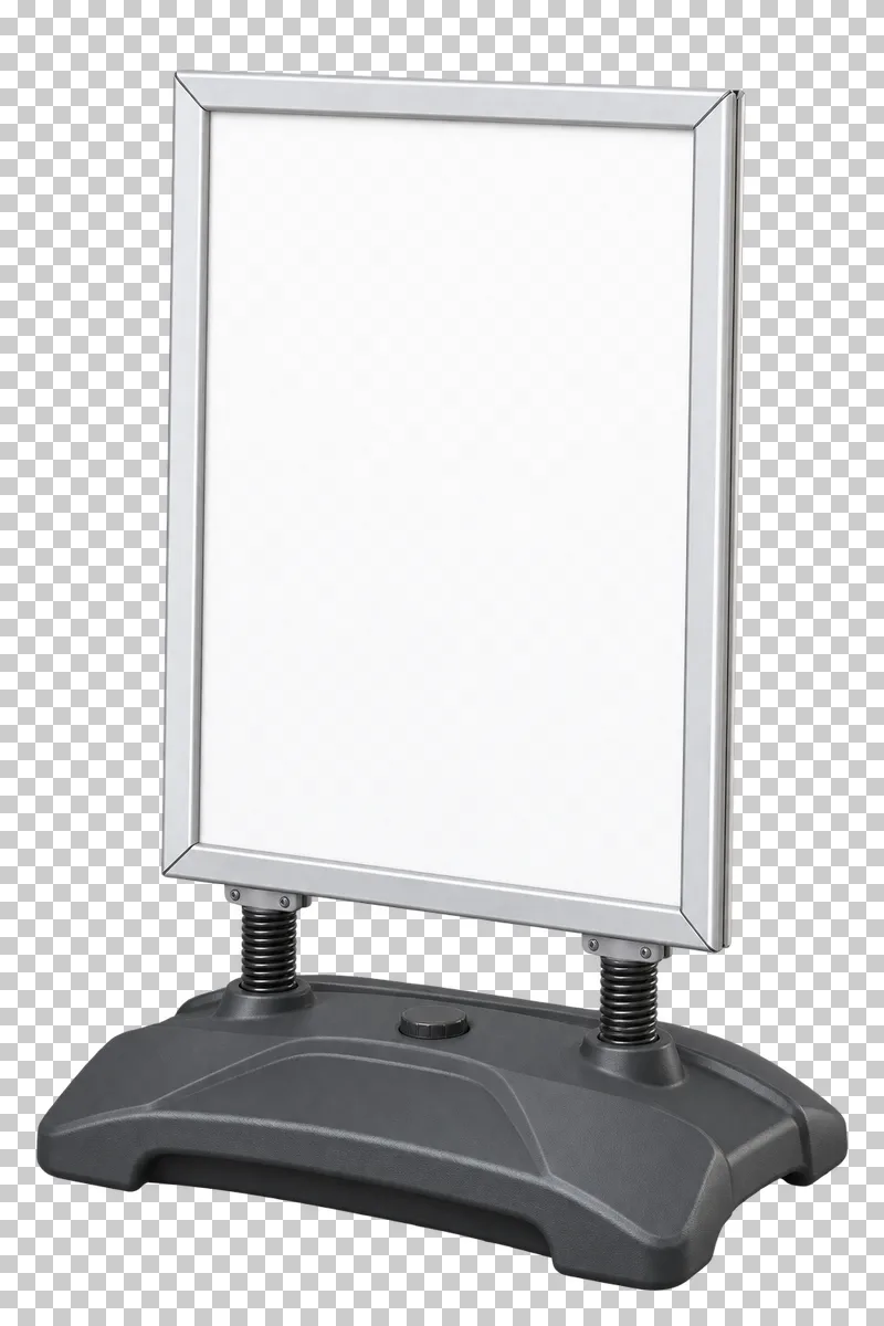 A blank silver pavement poster stand connected by two springs to a weighted dark base.