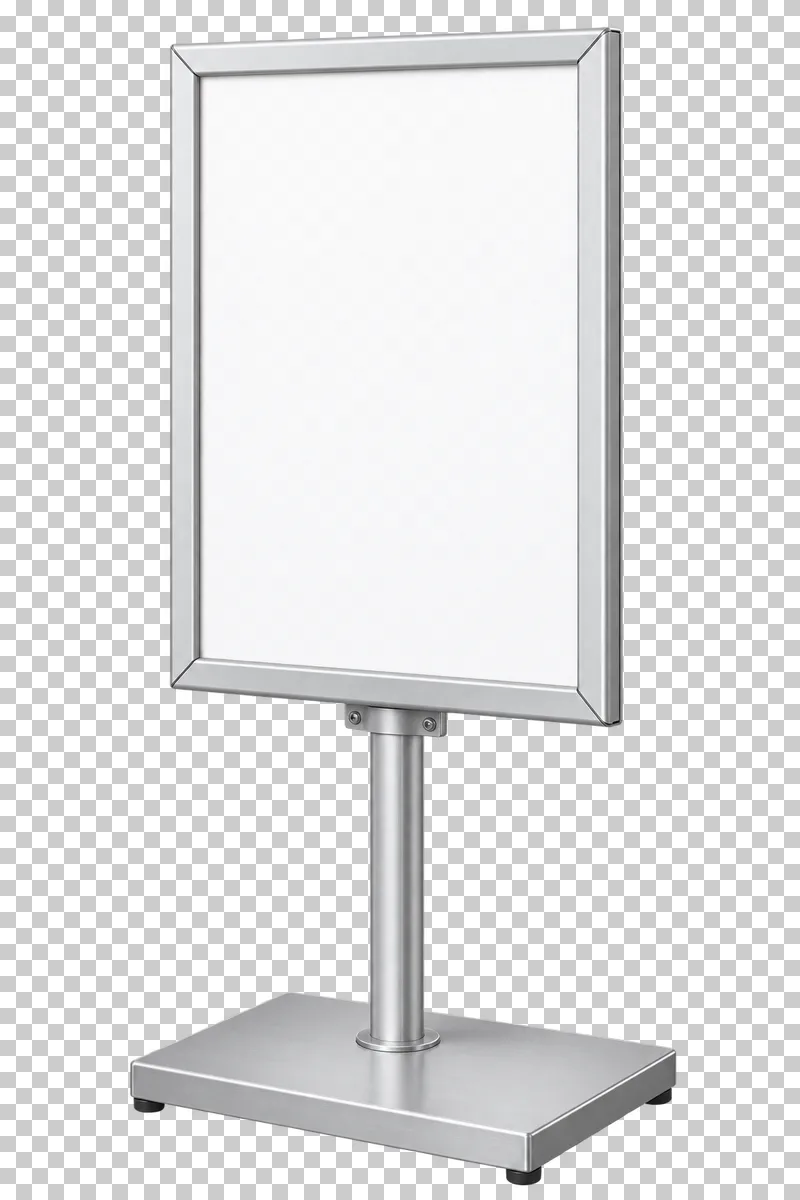 A blank portrait poster frame on a silver pedestal and weighted base.