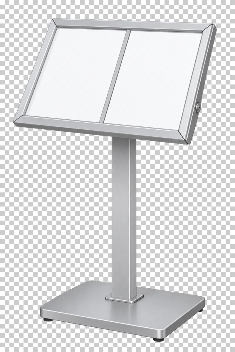 An angled floor menu lectern displaying two blank white pages.
