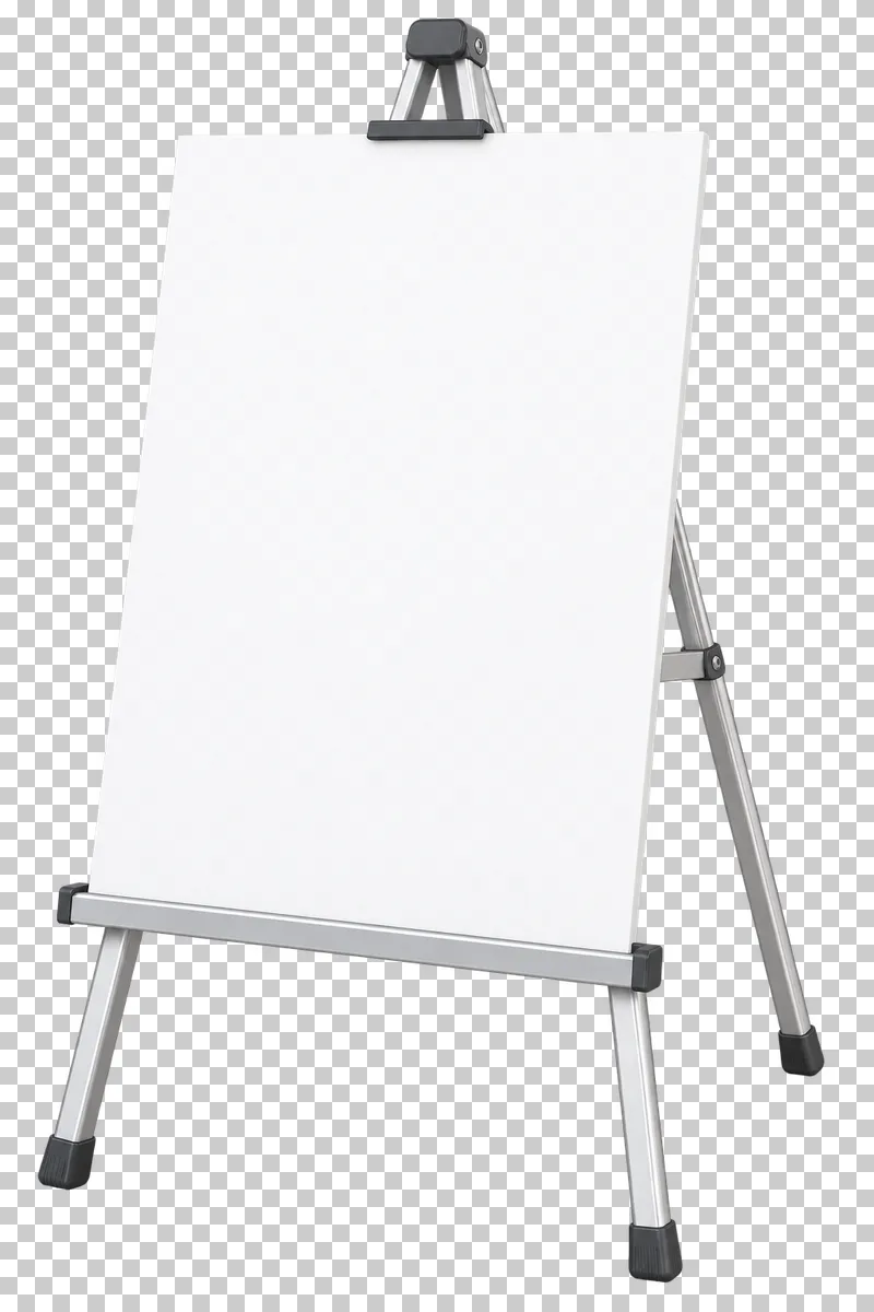 A three-legged poster easel supporting a blank white board.
