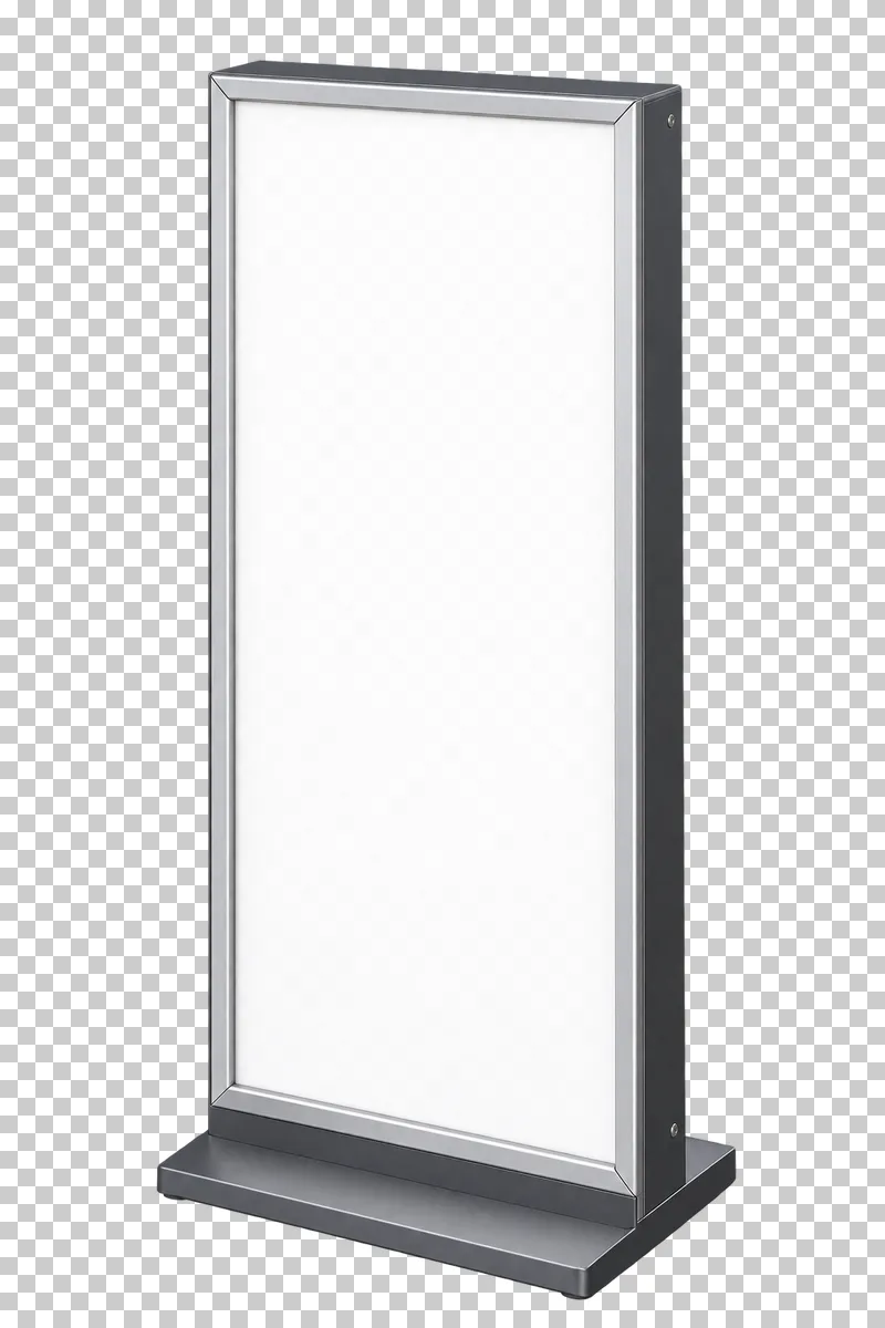 A slim freestanding illuminated poster totem with a blank white face and integral base.