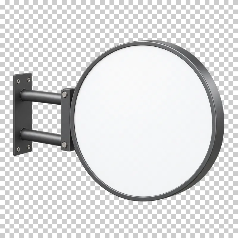 A blank round projecting blade sign with a metal wall bracket and mounting plate.