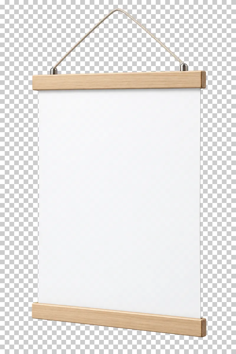A blank paper poster suspended between timber clamp rails by a complete cord loop.