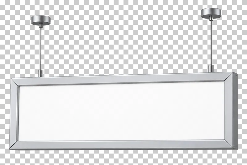 A blank wide overhead directory sign suspended by two cables with ceiling mounts.