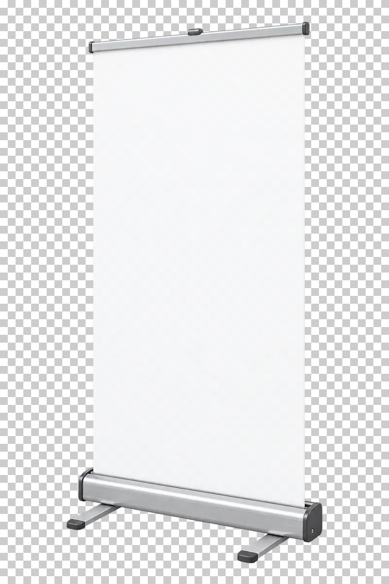 A blank white roll-up banner extended from a silver cassette with stabilising feet.