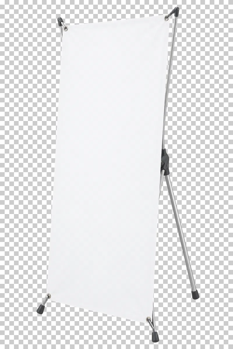 A blank white tension banner with four corner eyelets and an X-frame support.