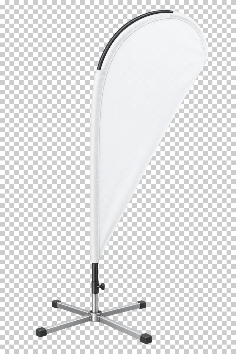 A blank white teardrop promotional flag on a curved pole and cross base.