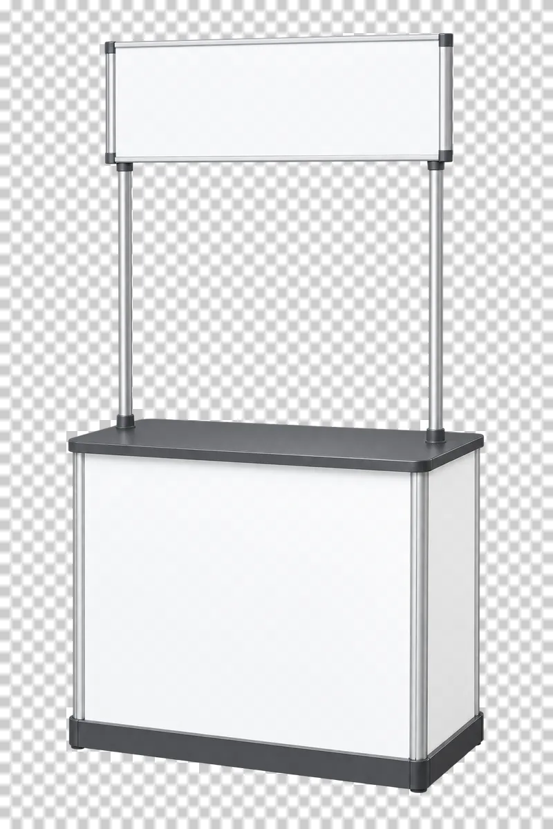 A portable promotion counter with a blank front fascia and blank overhead header.