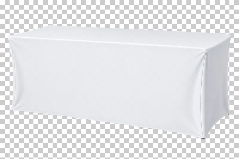 A promotional folding table covered by a fitted blank white cloth.