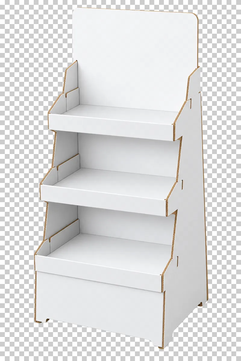 An empty three-tier white cardboard floor display with retaining lips and a blank header.