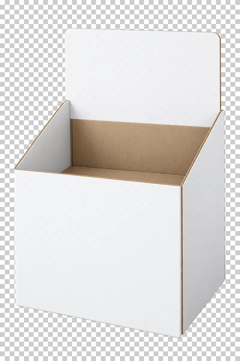 An open white cardboard dump bin with a brown interior and a blank header.