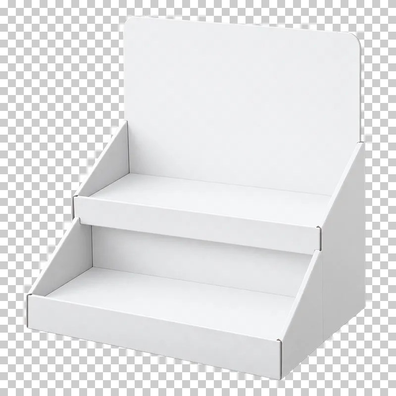 An empty two-step white countertop product display with retaining lips and a blank header.